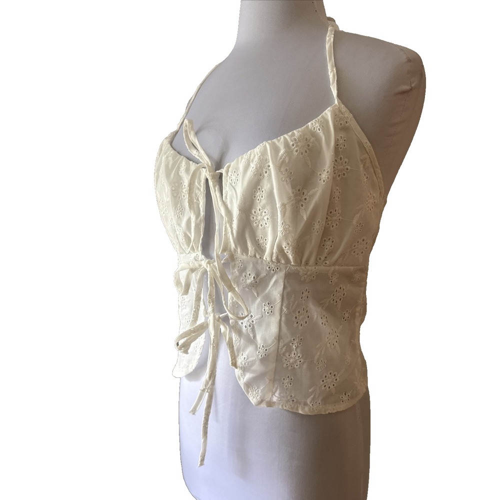 Cottagecore‎ Cream White Eyelet Halter Crop Tie Front Top L Coquette Festival